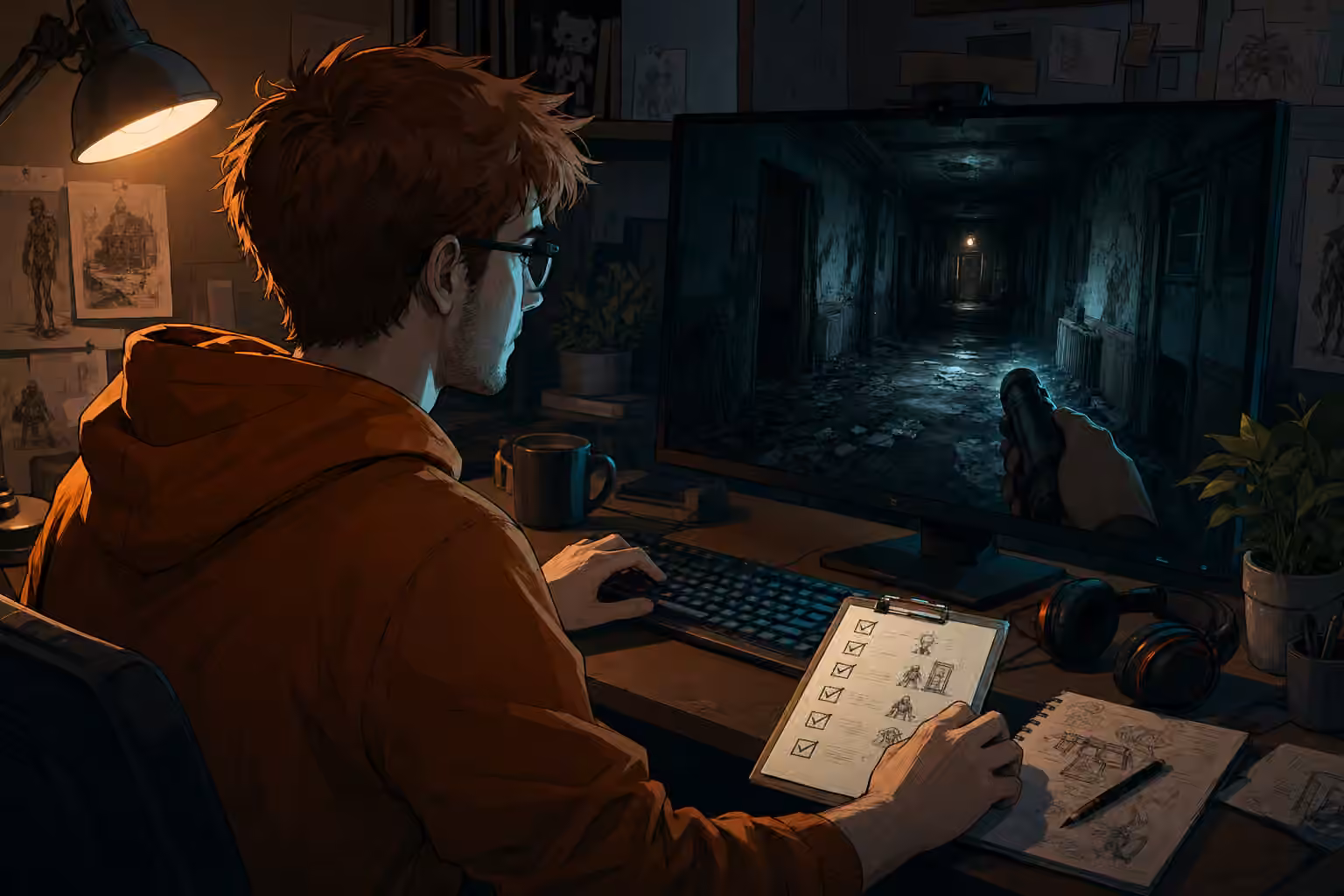 Dunkler Flur-Ausschnitt aus dem Horror-Spiel Unloved neben einer Checkliste für Qualitätstests